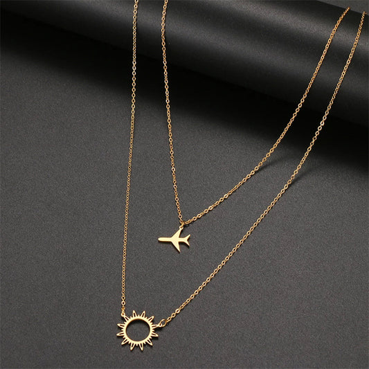 Airplane and Sunflower Stainless Steel Necklace