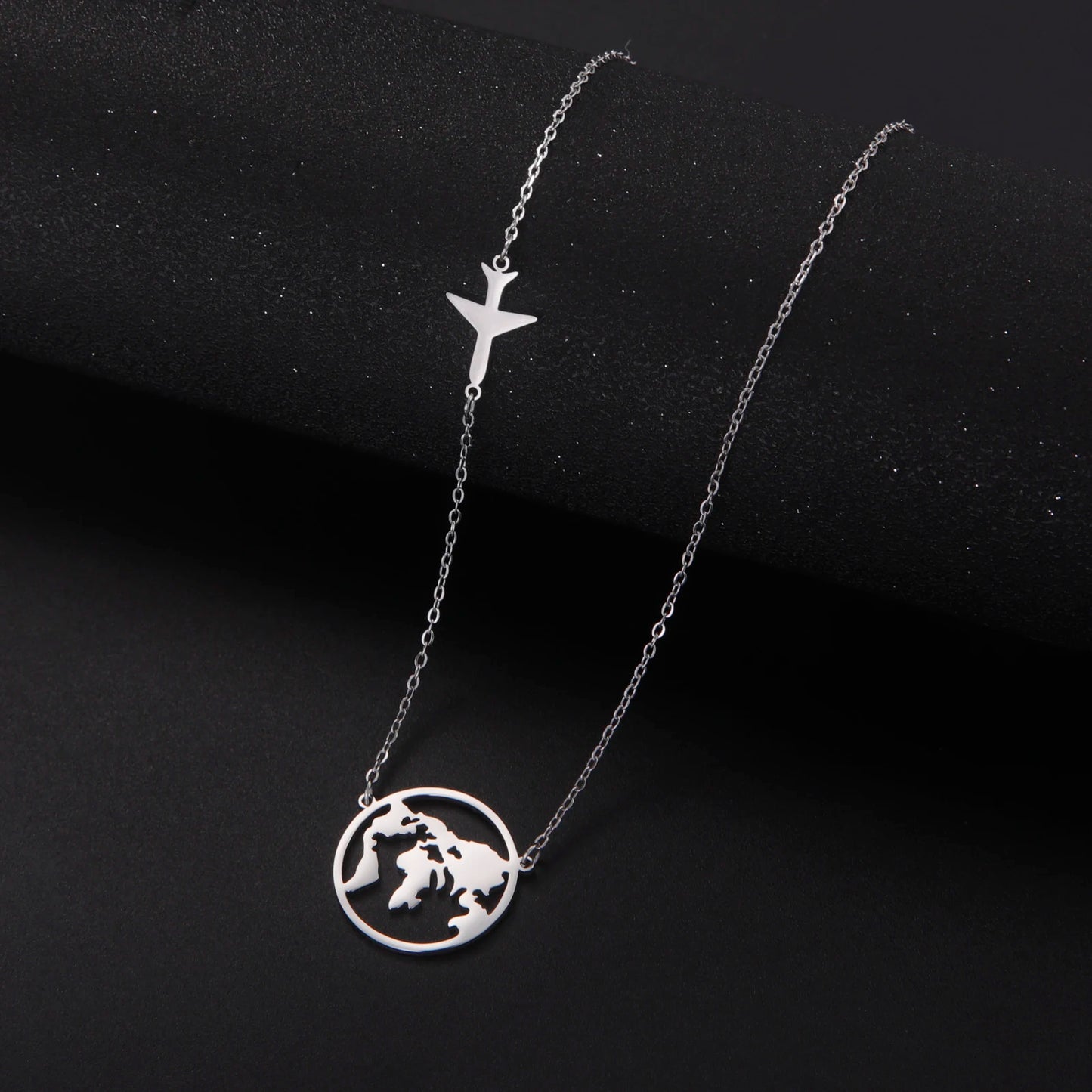 Airplane & Globe World Map Pendant Necklace